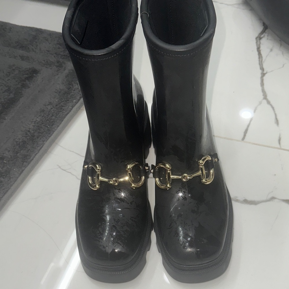 Gucci Black Winter Rain Boots with Gold Horsebit Accent